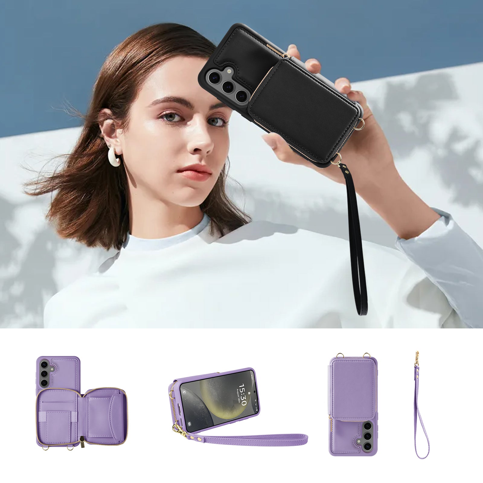 For Samsung Galaxy S24+ Case Leather +TPU Phone Purse Crossbody Zipper Cover For Samsung Galaxy S24+ Case Leather +TPU Phone Purse Crossbody Zipper Cover
